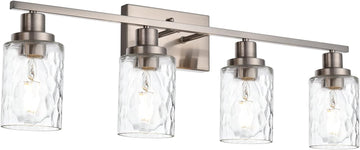 Brushed Nickel Bathroom Vanity Light with Clear Hammered Glass | 4-Light Wall Light Fixtures Modern Wall Lamp for