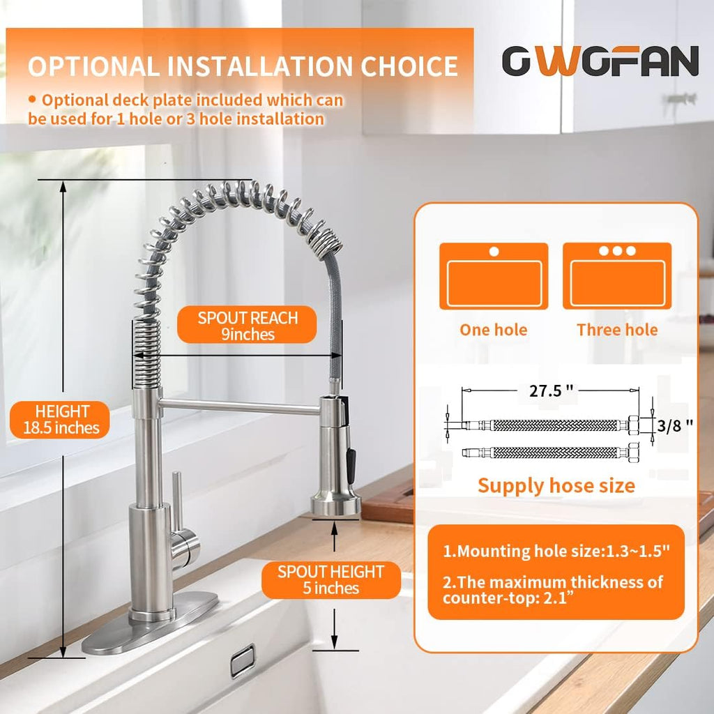 Kitchen Faucet with Pull Down Sprayer Brushed Nickel Stainless Steel 1 Handle Pull Out Spring Sink Faucets 1 Hole Or 3