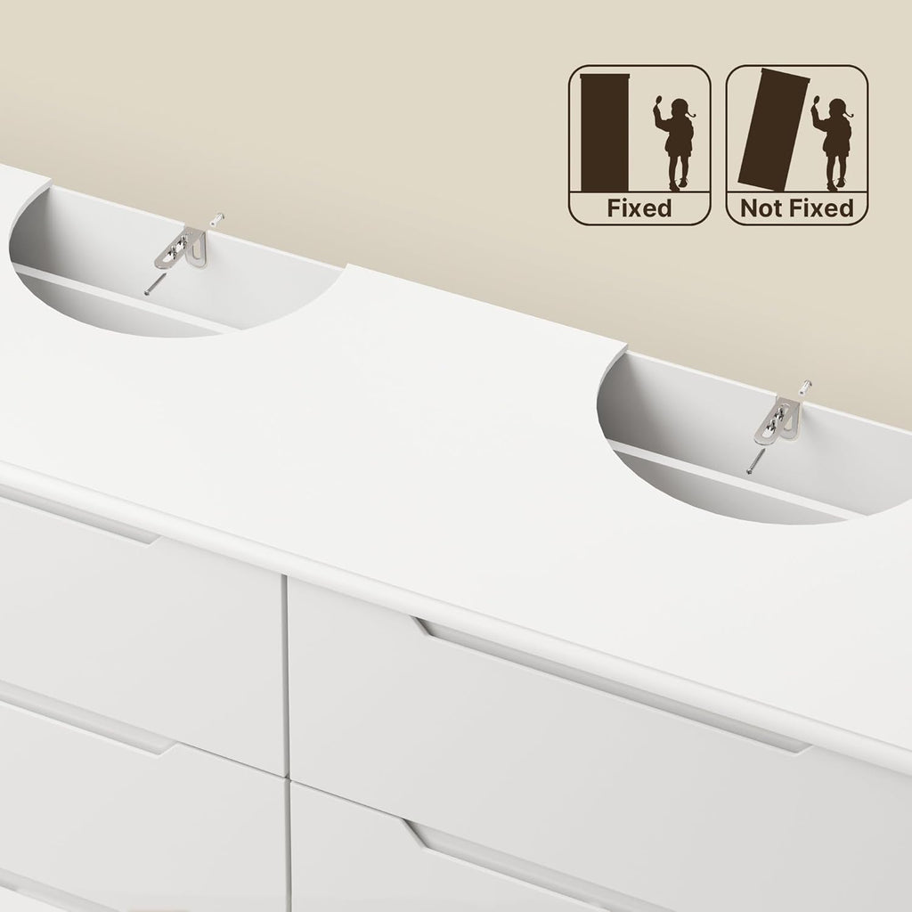 6 Drawer Double Dresser with Anti-Tip Design, White | Modern Wide Wooden Chest of Drawers with Cut-Out Handles