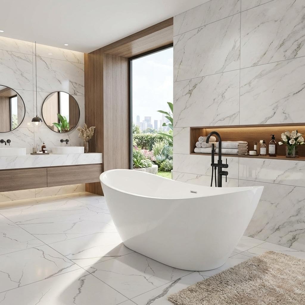 67" Acrylic Freestanding Bathtub, Deep Soaking Tub with Non-Slip Surface, Modern Free Standing Bath Tub, Chrome Drain