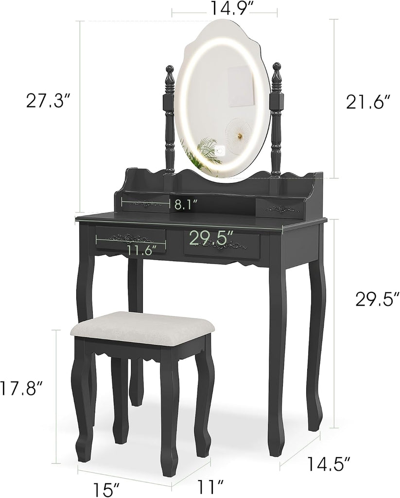 Vanity Desk with Mirror and Lights, Makeup Table with Cushioned Stool Set | Modern Vanity with 4 Drawers, 3 Color