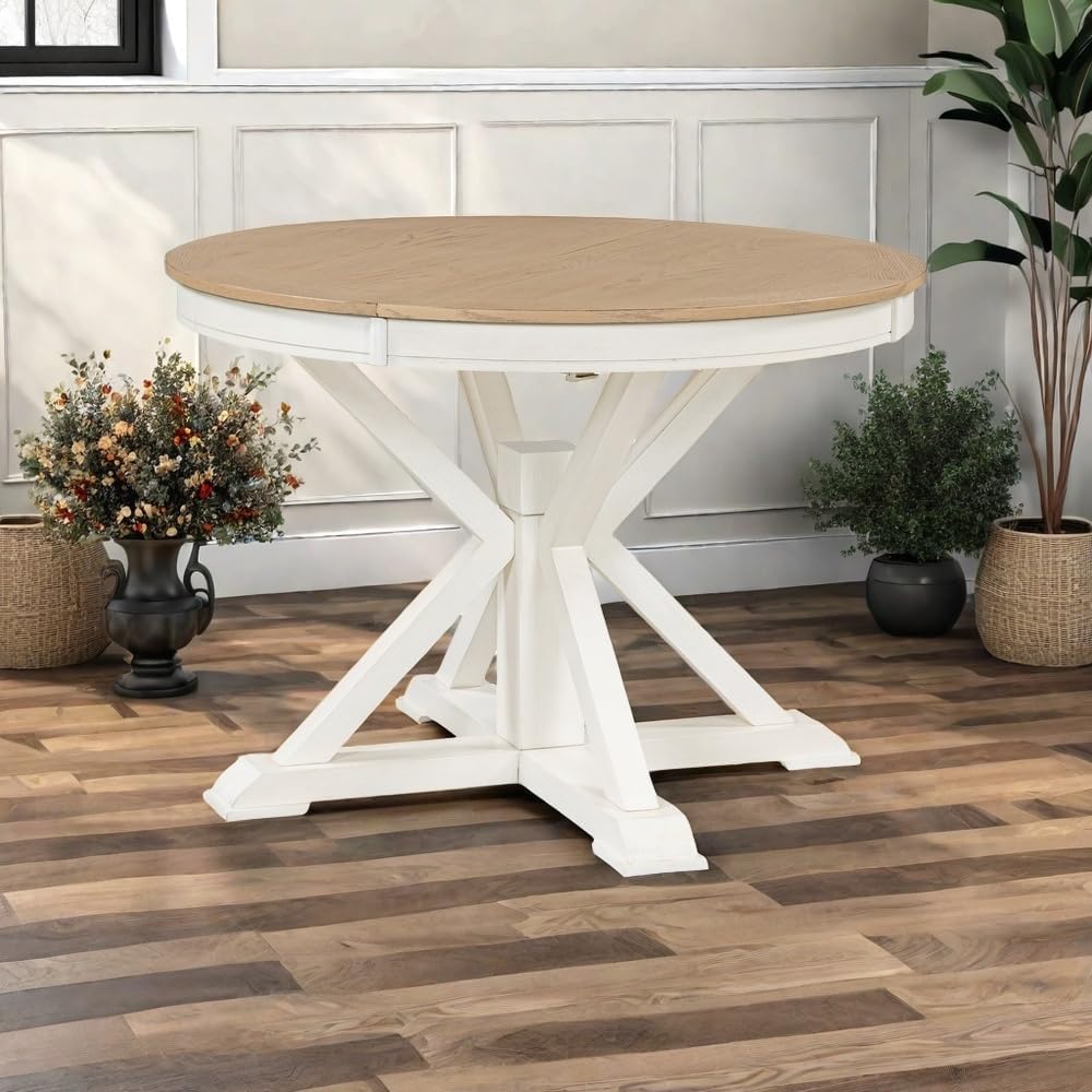 Extendable Round Dining Table for 4-8, Farmhouse 42"-54'' Expandable Kitchen Table with Removable Leaf and Pedestal