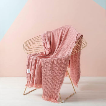 100% Cotton Throw Blanket, Waffle Weave Cable Knit Blanket with Tassels, Soft Lightweight Pre-Washed Breathable Cozy