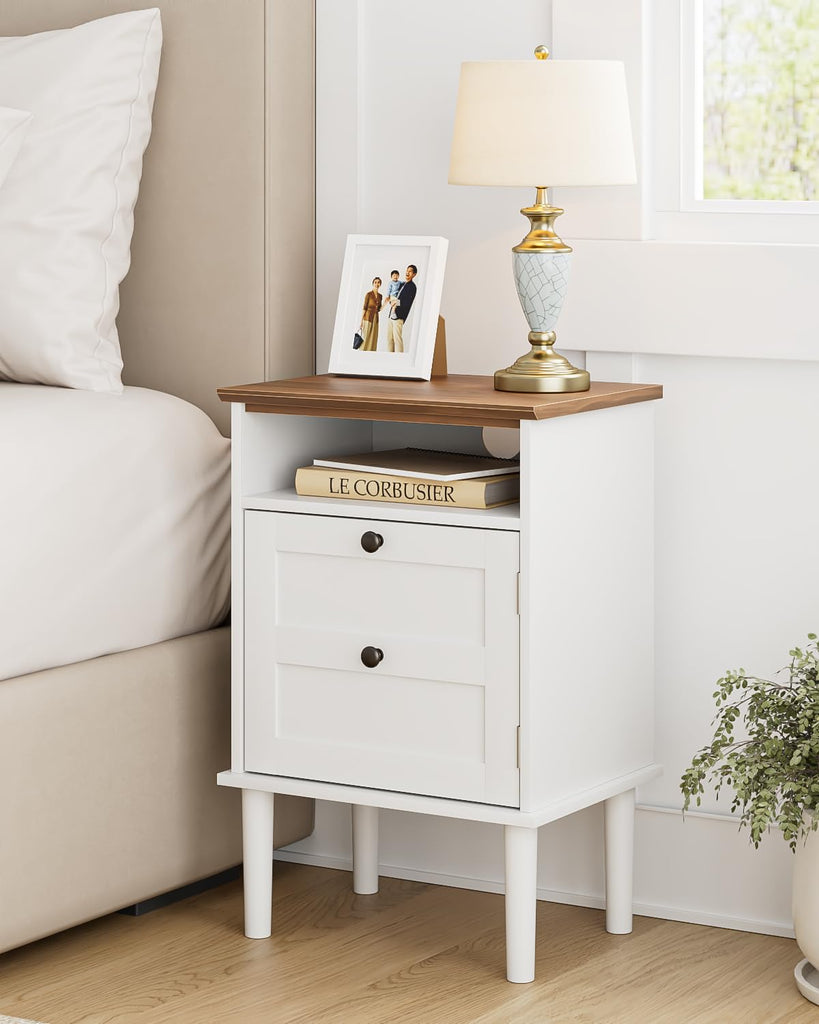 Nightstand, Boho Night Stand with 1 Drawer, Modern Side Accent Table with Open Shelf, Wooden Top Bedside End Table