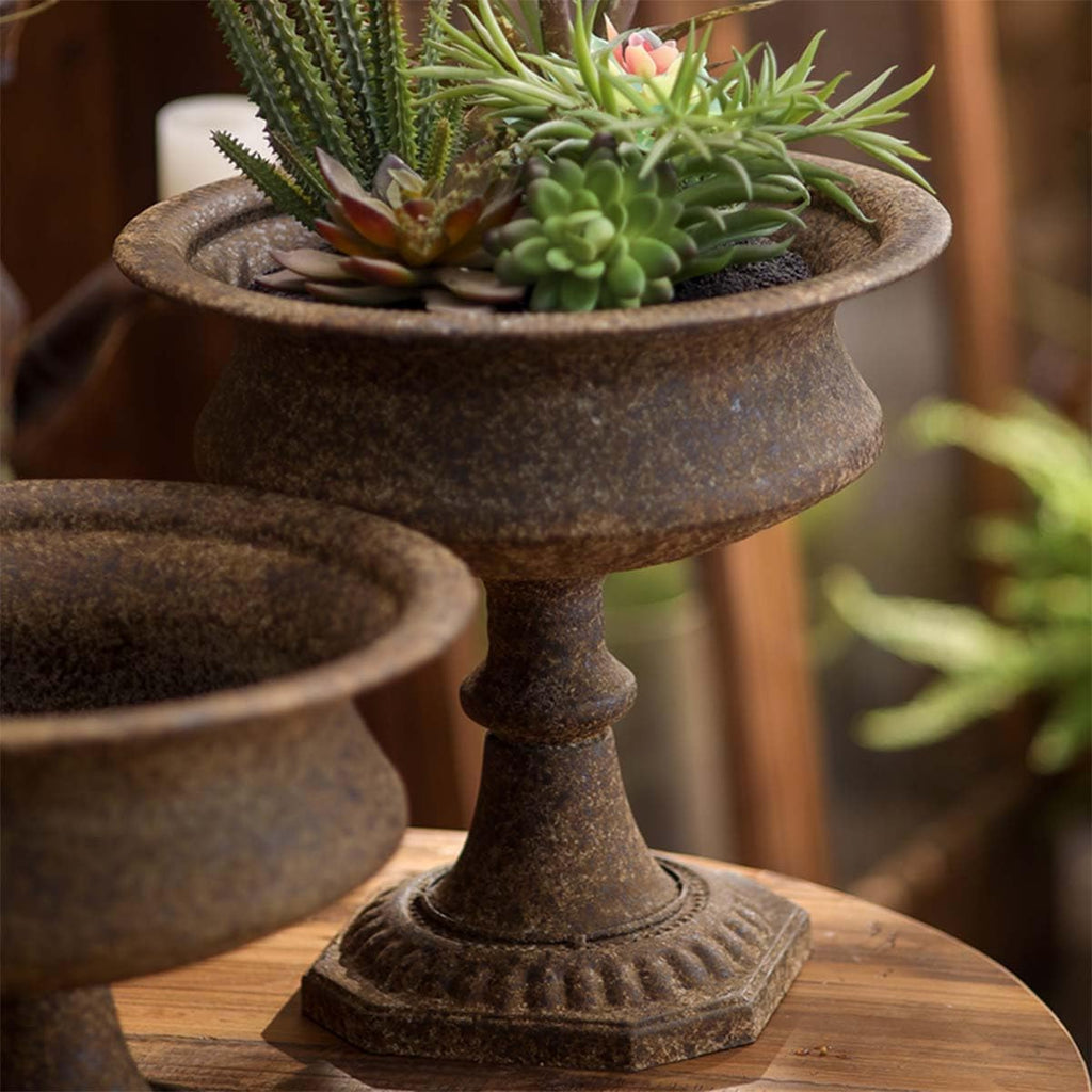 Vintage Pedestal Urn Planter,Rustic Brown | Antique Style Design, Indoor & Outdoor Use, Hexagonal Base, Succulent &