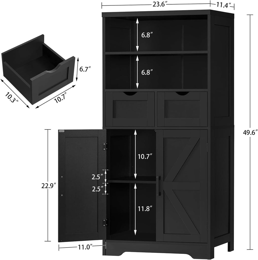 Storage Cabinet with Doors & 2 Drawers, Kitchen Cabinet with Adjustable Shelf, Pantry Cabinets, Bathroom Cabinets
