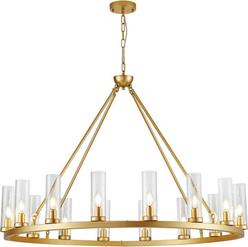 Inspired Ravelle Style Farmhouse Wagon Wheel Chandelier,D42 16 Light Gold Industrial Rustic Chandelier Lighting, Round Kitchen Island Pendant Light with Clear Glass (42in-16 Lights)