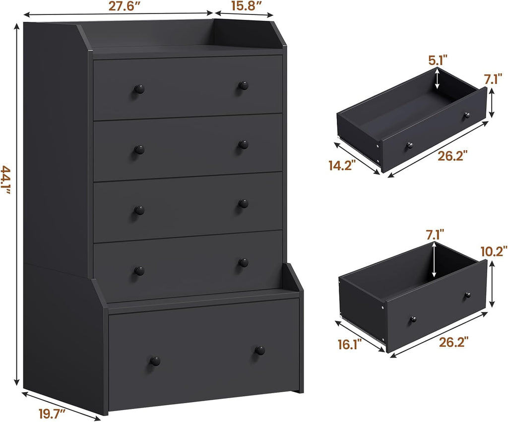 5 Drawer Tall Black Dresser | Chest of Drawers,Large Modern Vertical Dresser ,Closet
