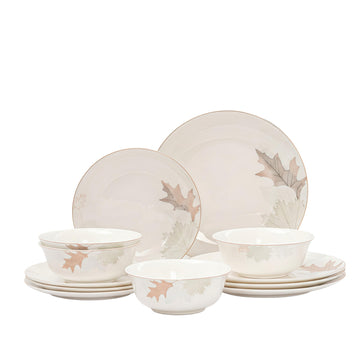 Stoneware Dinnerware Set for 4, 12 Pcs Plates and Bowls, Maple White