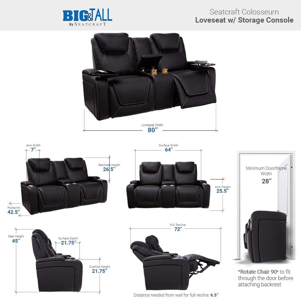 Colosseum Big & Tall Home Theater Seating - Living Room - Italian Leather - Power Recline, Headrests, and Lumbar