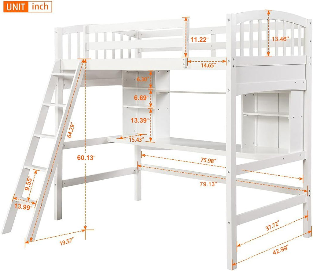 Twin Loft Bed with Desk, Solid Wood Twin Loft Bed Frame with Shelves, White
