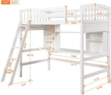 Twin Loft Bed with Desk, Solid Wood Twin Loft Bed Frame with Shelves, White