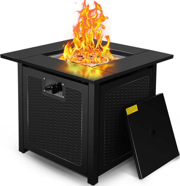 28 inch Fire Pit Table, 50000 BTU Patio Heater, 2 in 1 Outdoor Gas Fire Pit with Removable Lid & Lava Stone