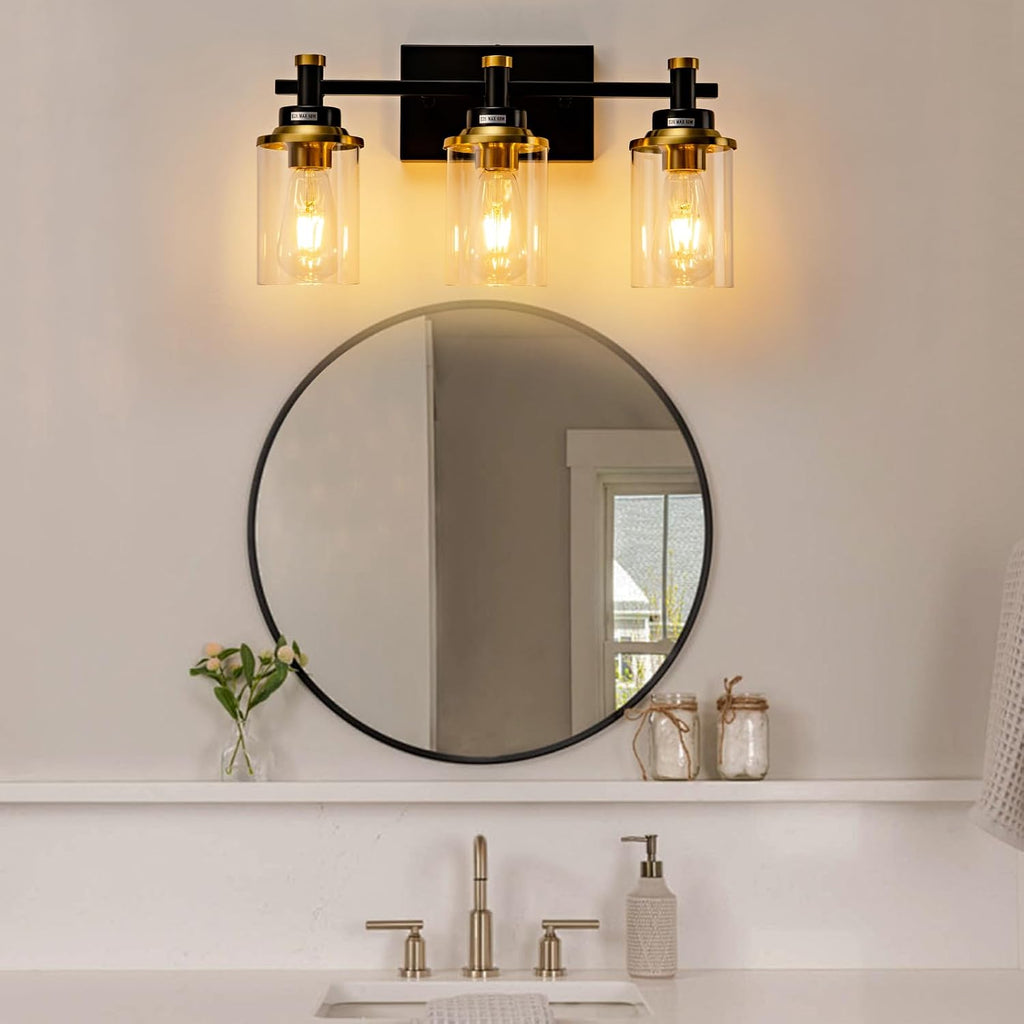 3 Light Bathroom Light Fixtures, Black and Brushed Gold Vanity Light Fixture Over Mirror, Modern Wall Sconces