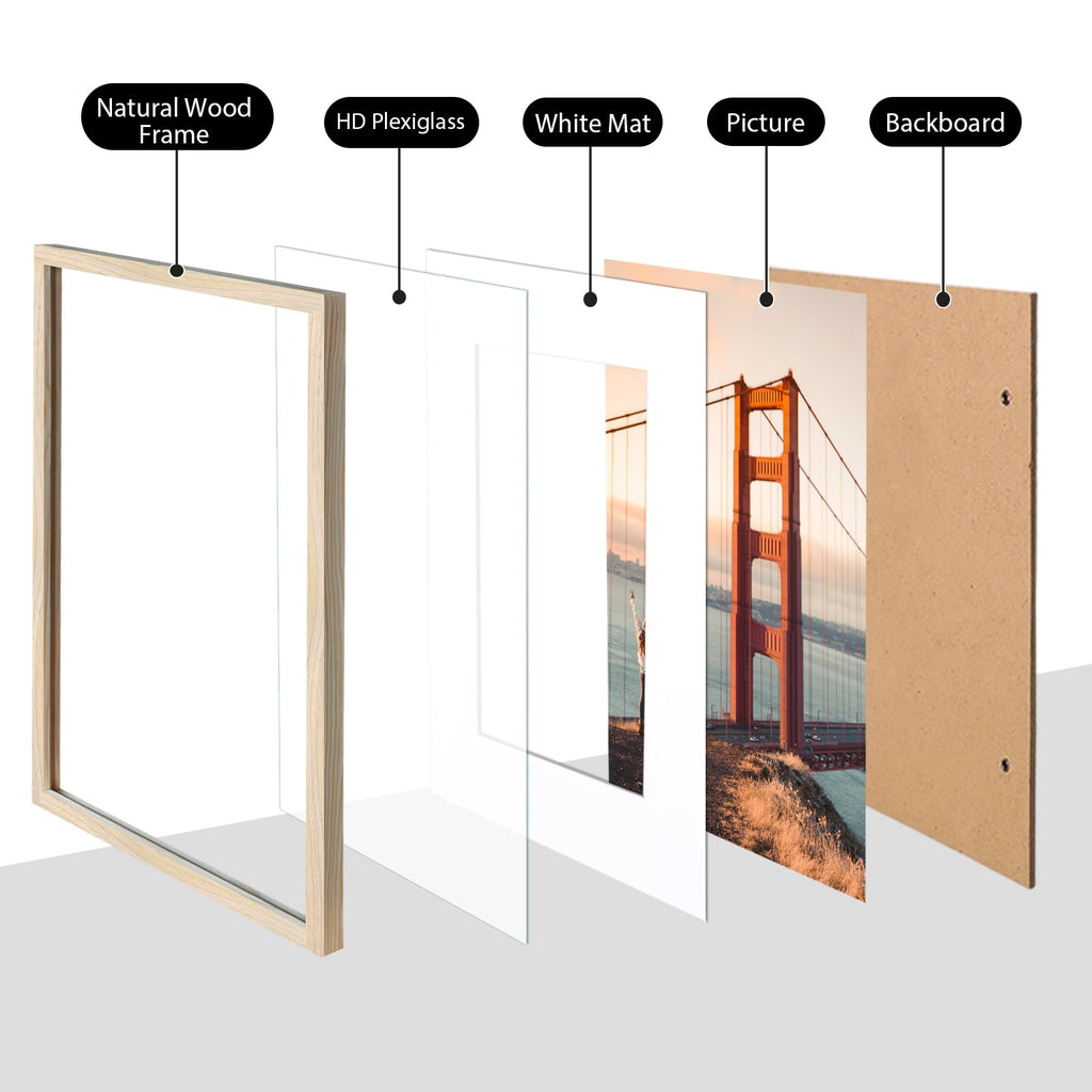 24x36 Picture Frame Natural - Solid Wood Frames with Acrylic Plexiglass for Pictures 18x24 with Mat or 24x36 without