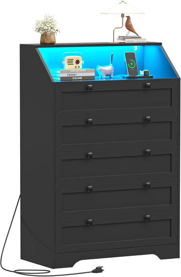 Black Dresser Tall 5 Drawer Dresser , Wood Chest of Drawers with LED Lights, Charging Station, Metal Handles, Modern