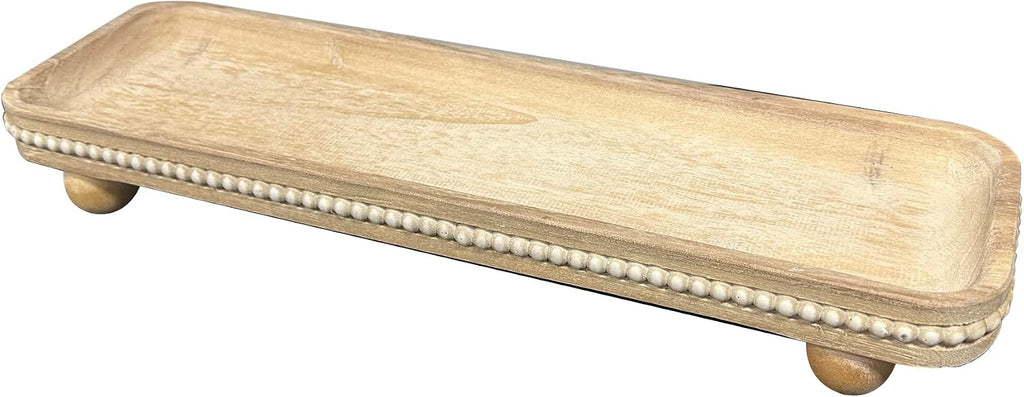 Oval Wooden Decorative Tray, Farmhouse Style, Beaded Serving Tray , Coffee Table (White Wash)