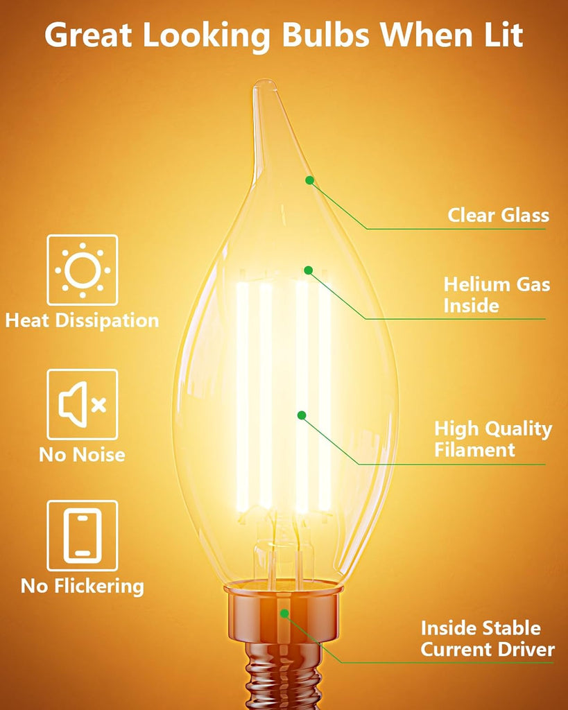 Dimmable E12 Candelabra LED Light Bulbs 60 watt Equivalent, 2700K Warm White Chandelier Candle Bulb, 6W 650 Lumen
