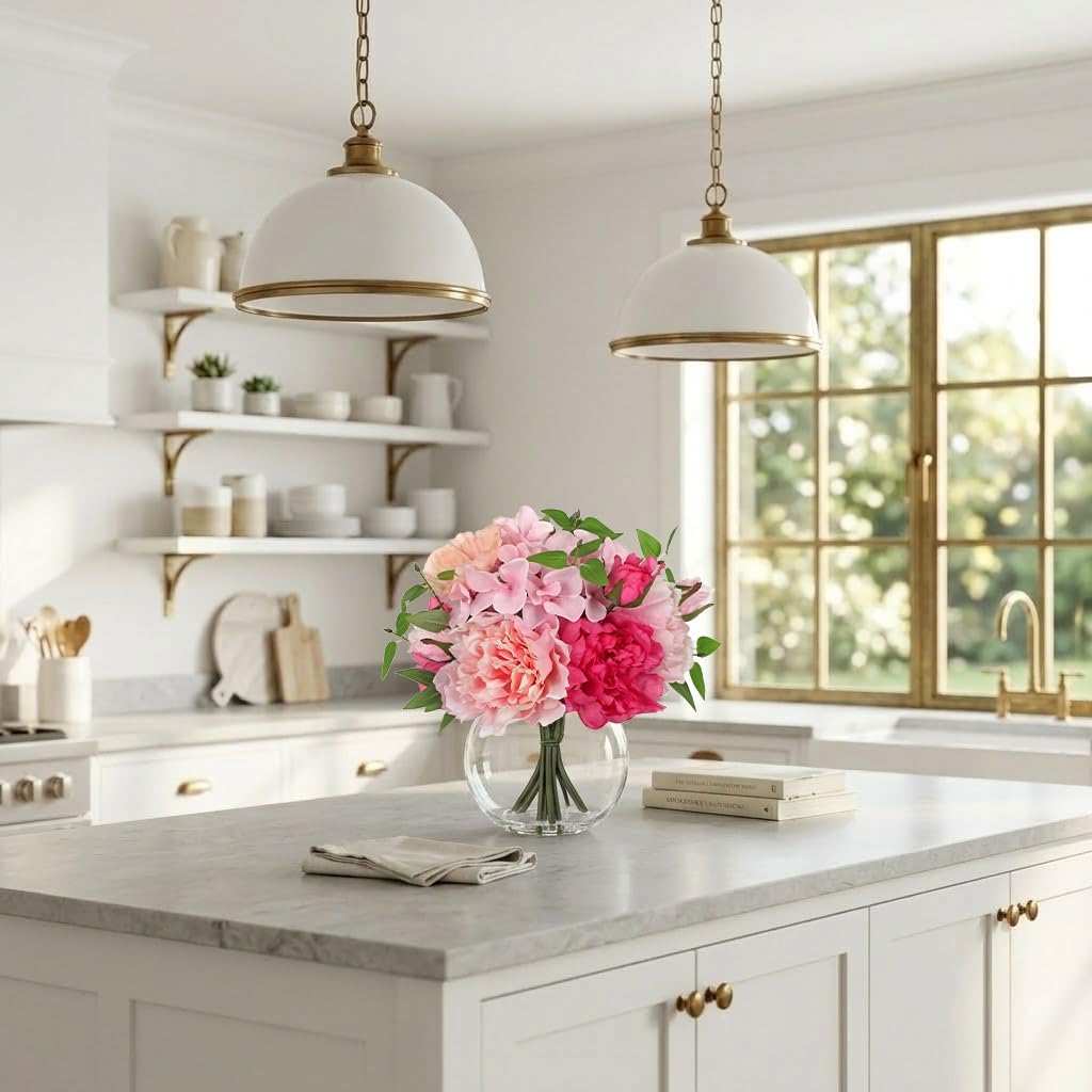 Artificial Flower in Vase, Faux Silk Flowers Arrangement Peony Hydrangea Poppy Eucalyptus Bouquet with Faux Water