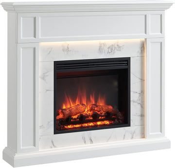 Fireplace Suite Sheraton, 48 Inch Mantel Surround, Cream White with Snow White Marble Pattern Finish