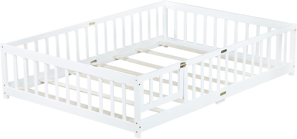 Full Size Montessori Floor Bed with Slats, Door and Guardrails, White | Low Profile Montessori Bed with Fence, Easy