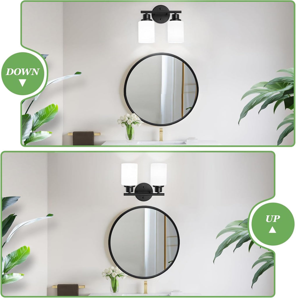2-Light Vanity Lights, Black Bathroom Light Fixture with Striped Textured Milky White Glass Shade, Modern Vanity