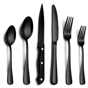 24-Piece Black Silverware Set with Steak Knives Food-Grade Stainless Steel Flatware Set for 4 Mirror Cutlery
