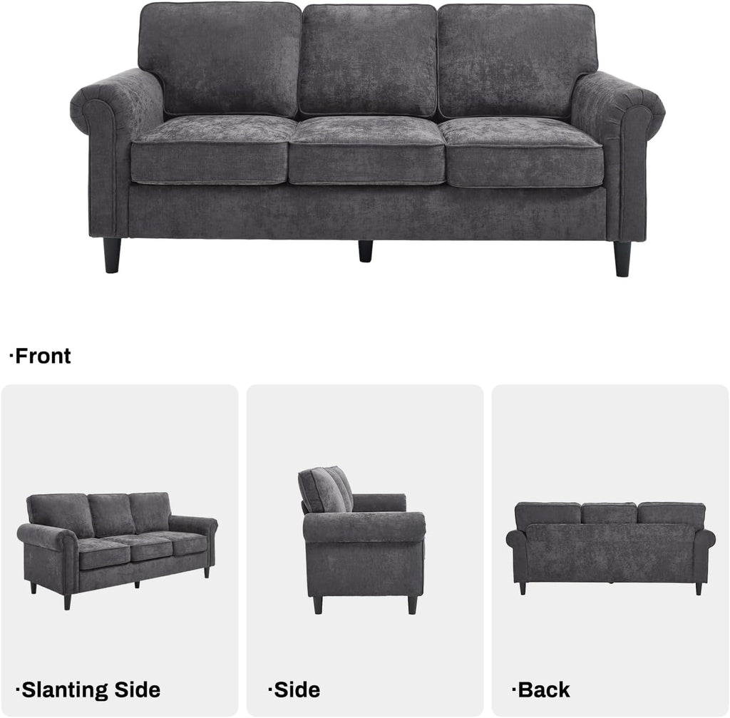 3 Seater Couch, Mid Century Modern Sofa with Rolled Arms and Deep Seats, Fluffy Comfort for Living Room