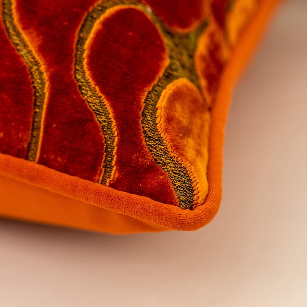 Orange Square Throw Pillow Cover Wavy Velvet Cushion Cover Modern Zippered Pillowcase, 20 x 20 Inch