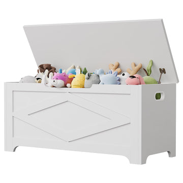 39.4'' Farmhouse Wooden Storage Bench with Lift-Top & 2 Safety Hinges - Large Matte White Toy Chest Organizer - Easy