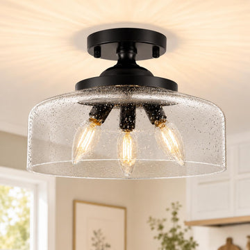 Black Semi Flush Mount Ceiling Light, 3-Light Ceiling Light with Bubble Glass, Vintage Hallway Lights, Closet Light