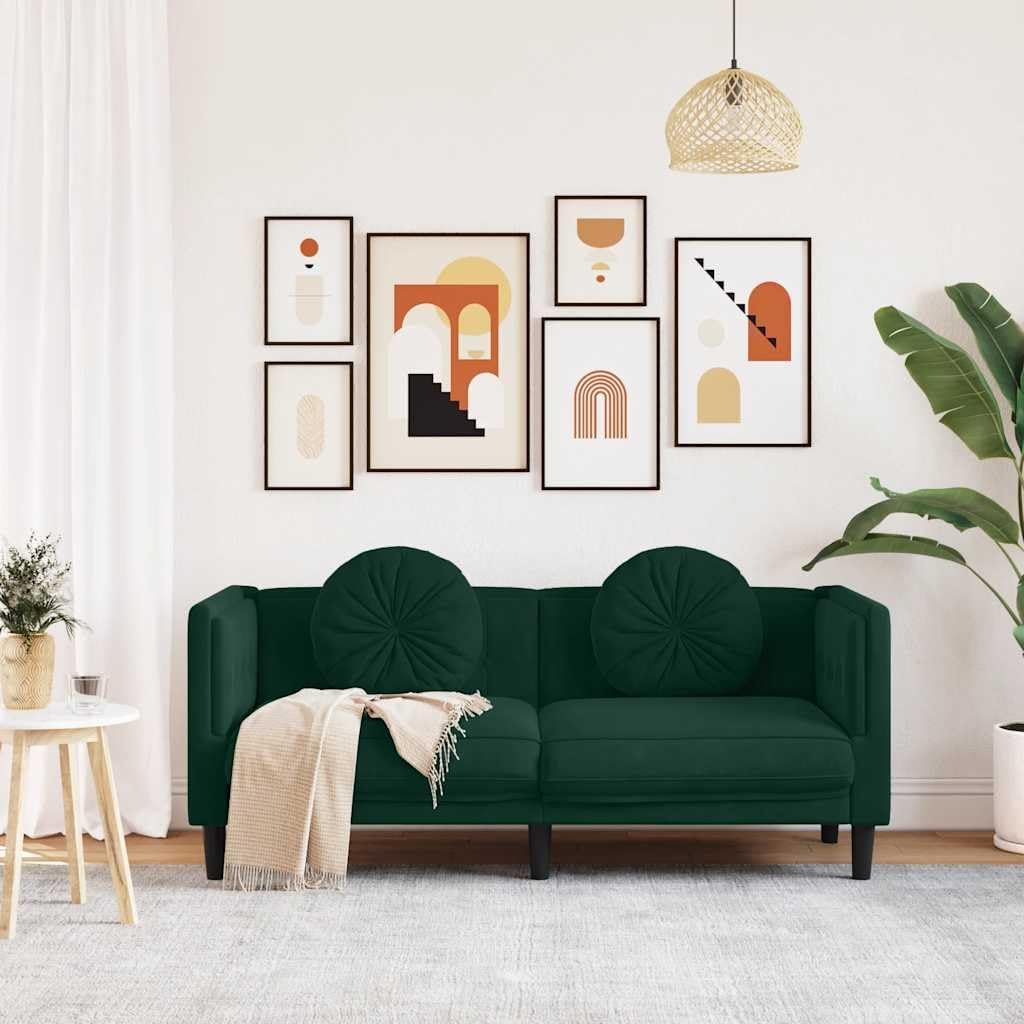 Velvet Loveseat 2-Seater Sofa Dark Green | Thickly Padded Seat, Armrests, Backrest, Round Pillows, Sturdy Legs