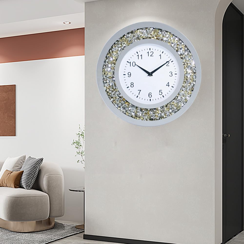 Wall Clock Decor Crushed Diamond Mirror Bathroom Clocks Wall Crystal Decorations (Golden-Round 35CM(A))