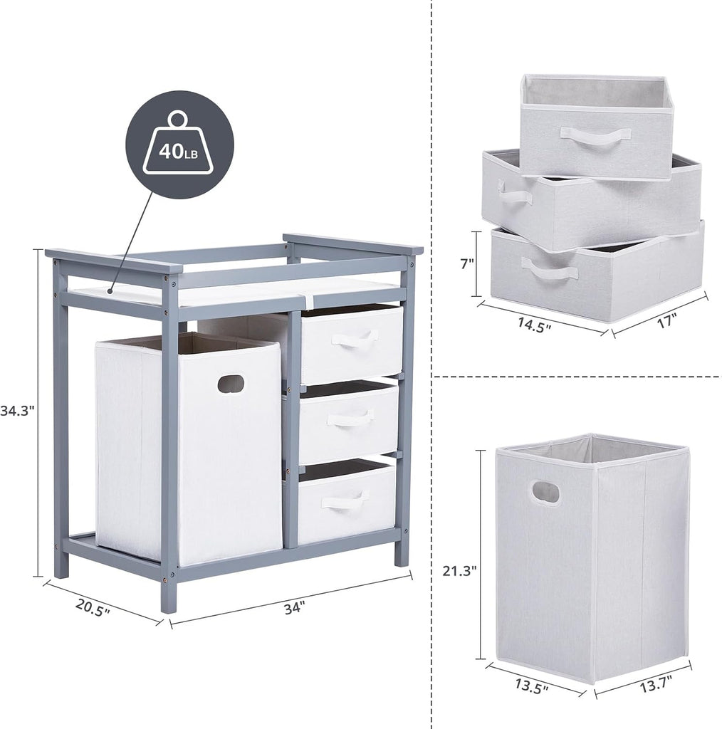 Modern Baby Changing Table with Laundry Hamper & 3 Drawers - Solid Wood Nursery Dresser Supports 40 Lbs, with Safety