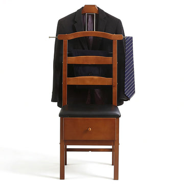Chair Valet With Drawer, Wooden Suit Valet Stand With Contour Hanger & Trouser Bar - Freestanding Clothes Rack