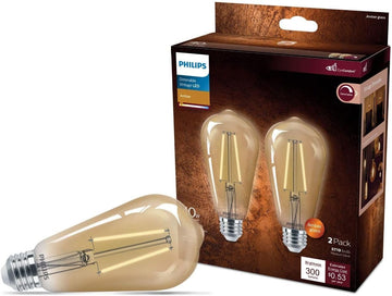 75W ST19 2-Pack Vintage Edison Amber (2000K) 700 Lumen (8.8W = 75W) Dimmable Flicker-Free Light Bulbs
