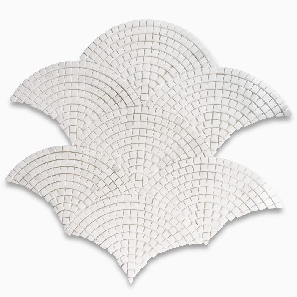 Thassos White Marble Fish Scale Scallop Fan Pattern Mini Mosaic Tile Polished Kitchen Bath Wall Floor Backsplash