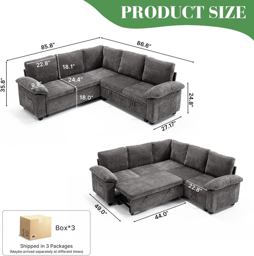 Modular Sectional Sofa with Pull Out Bed Sleeper Sofa L Shaped with Storage