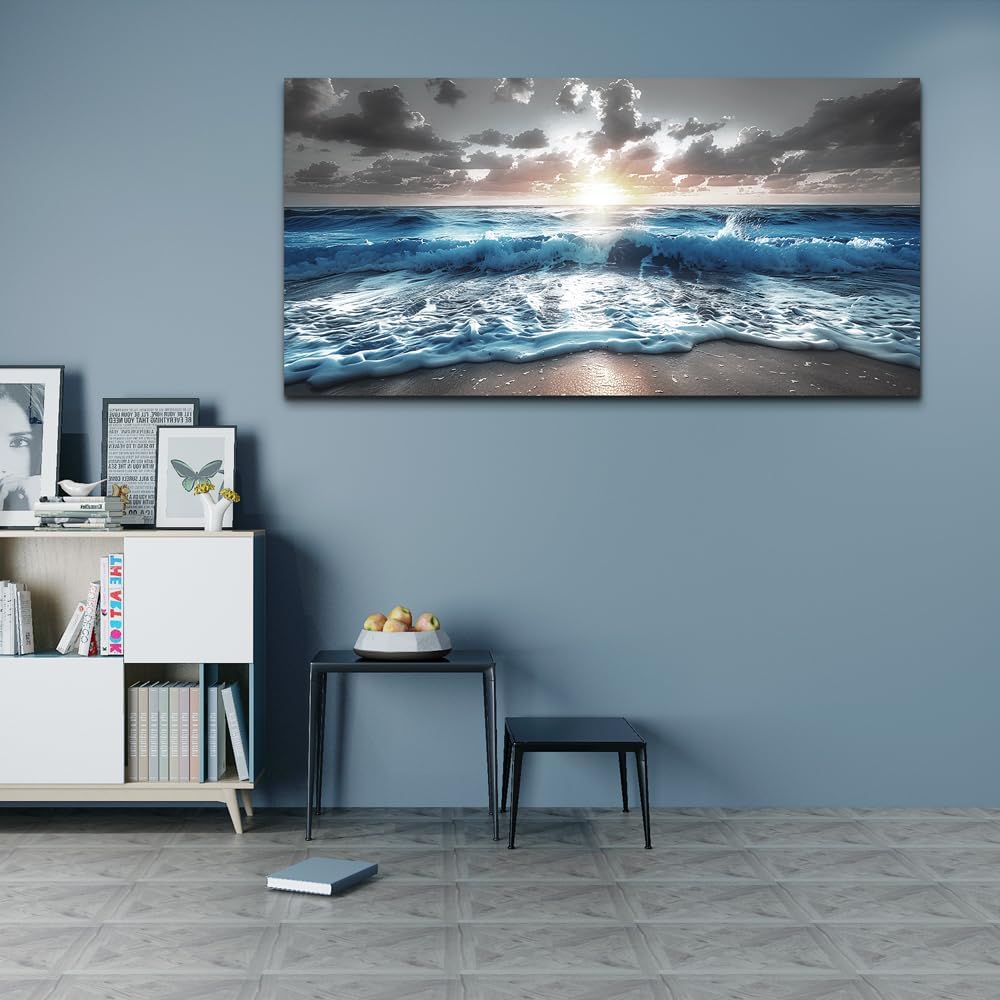 Blue Sea Waves Wall Pictures Framed Wall Art Canvas Wall Decor Sunshine Beach Painting Bedroom Home Decorations