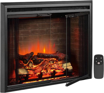 Klaus Electric Fireplace Insert with Fire Crackling Sound, Glass Door and Mesh Screen, 750/1500W, Black