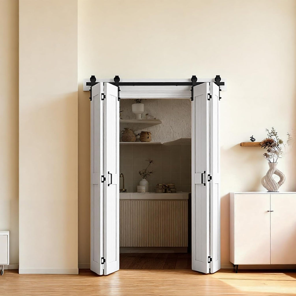Bifold Barn Door, 48" x 84", MDF Bi-Fold Sliding Closet Doors, Header Board and Hardware Kit Include