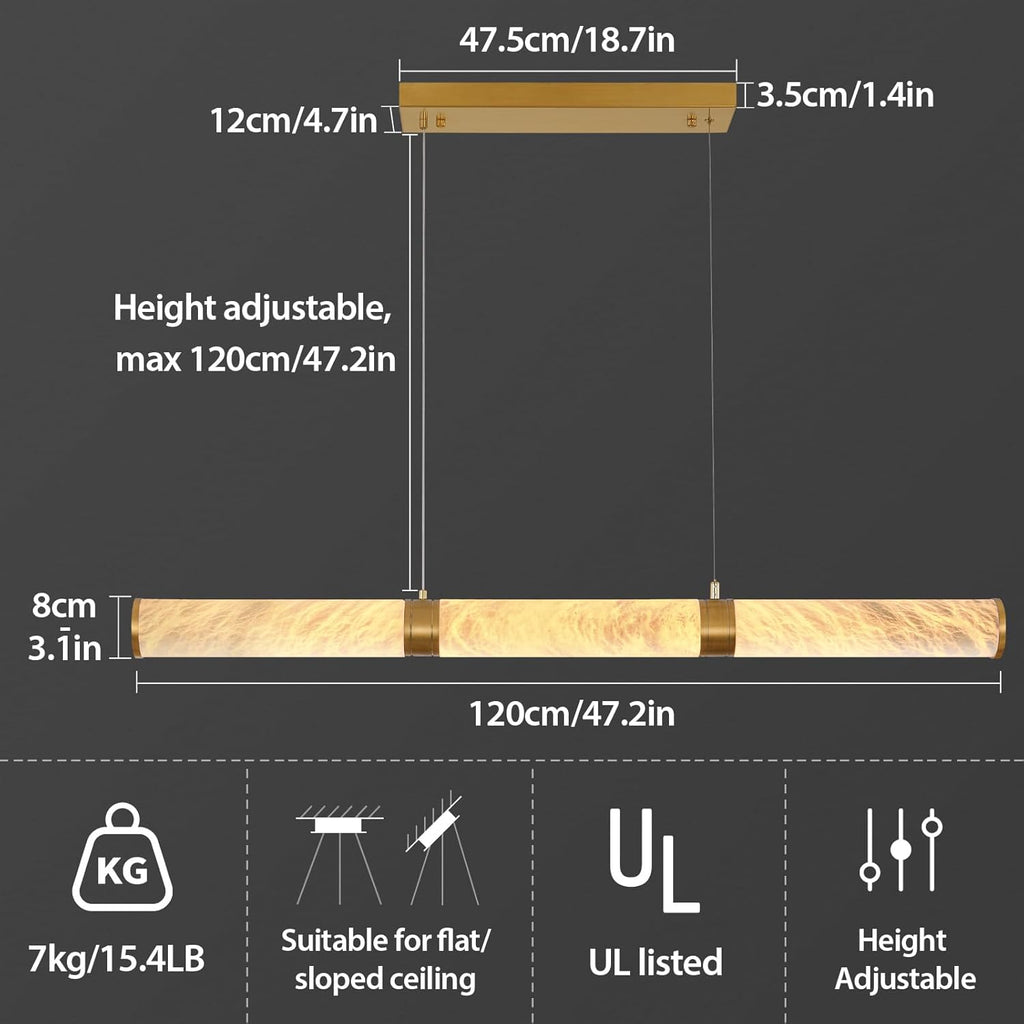 Cylinder Alabaster Chandelier, L47 Gold Mrable Chandeliers for Dining Room, Modern Linear Chandelier Over Table, Brass LED Chandeliers for Kitchen Island