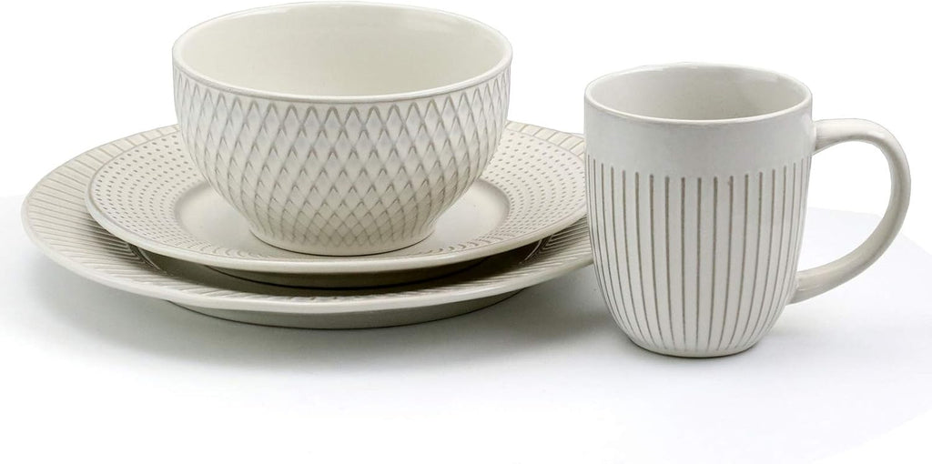 Market Finds 16 Piece Round Stoneware Dinnerware Set in Embossed White