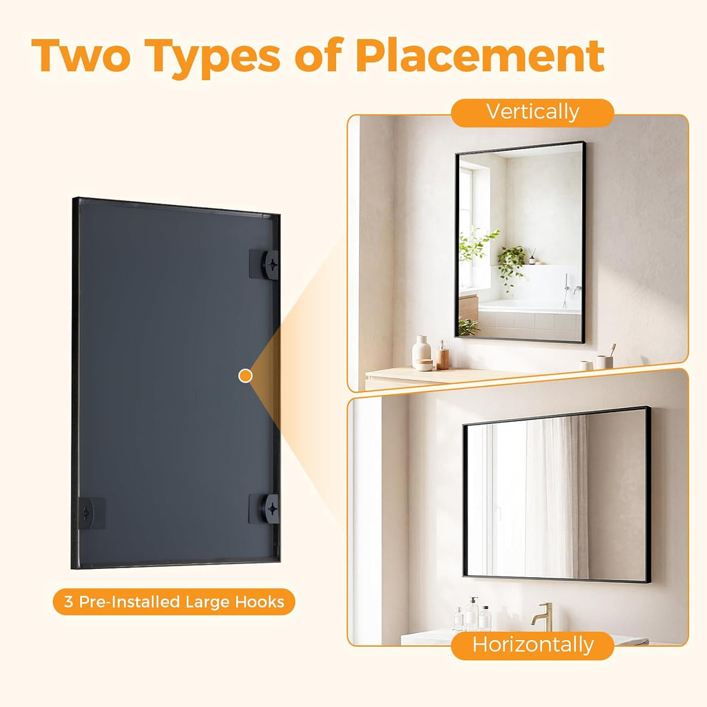 24x40 Wall Mirror, Bathroom Mirrors for Over Sink, Black, Matte Metal Framed Vanity Mirror with Tempered Glass