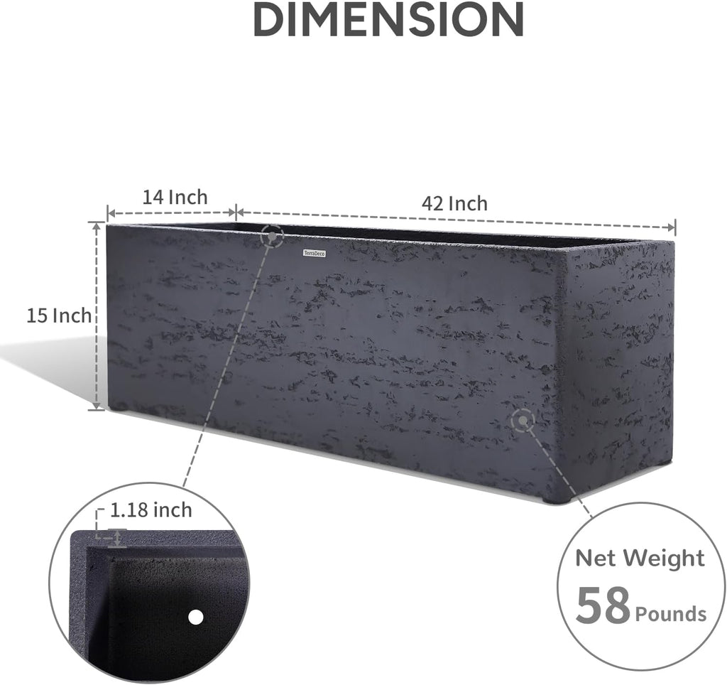 42 Inch Rectangular Concrete Planter(42Lx14Wx15H,58 Pounds),Durable All-Weather Use with Drainage Holes,Large
