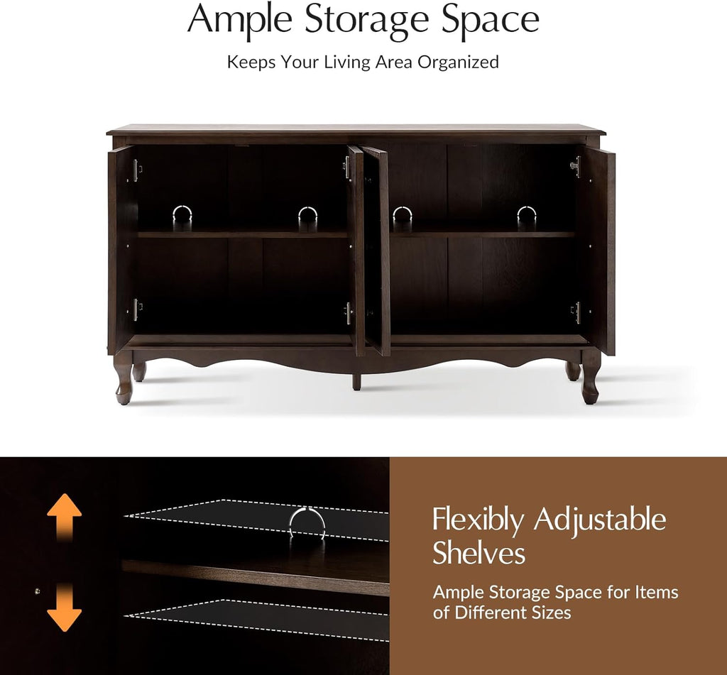 Transitional Solid Wood Sideboard with Adjustable Shelves, 58" Spacious Storage Sideboard