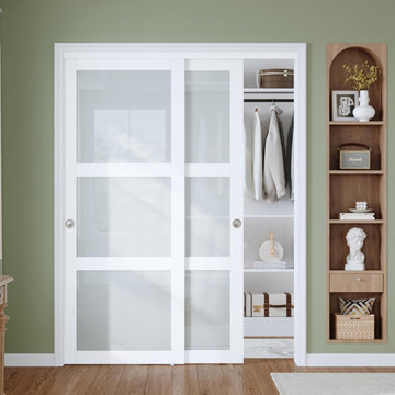 60"×80"(Double 31") Sliding Closet Door, 3-Lite Frosted Glass, Bypass Barn Door with Hardware Kit In