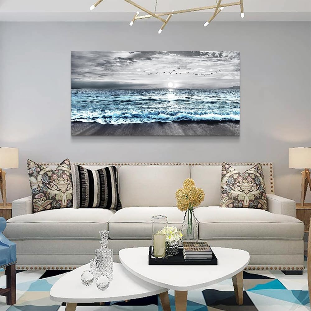 Large Canvas Wall Art Decor - Black & White Blue Sea Wave Pictures - Framed Beach Posters