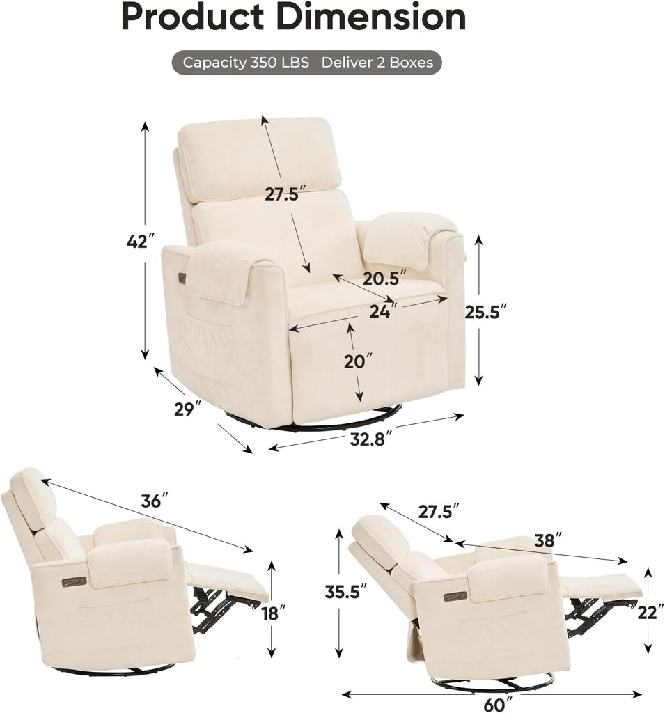 Oversized Power Rocker Recliner Chair, 24" Extra Wide Swivel Recliner with Adjustable Headrest, Chenille Glider