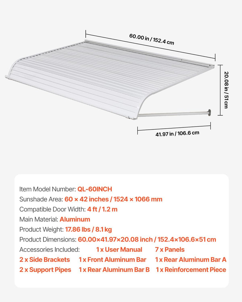 Aluminum Awning 60 x 42 in, Durable Window Awning Door Canopy, Lightweight and Stable Aluminum Awnings for Doors